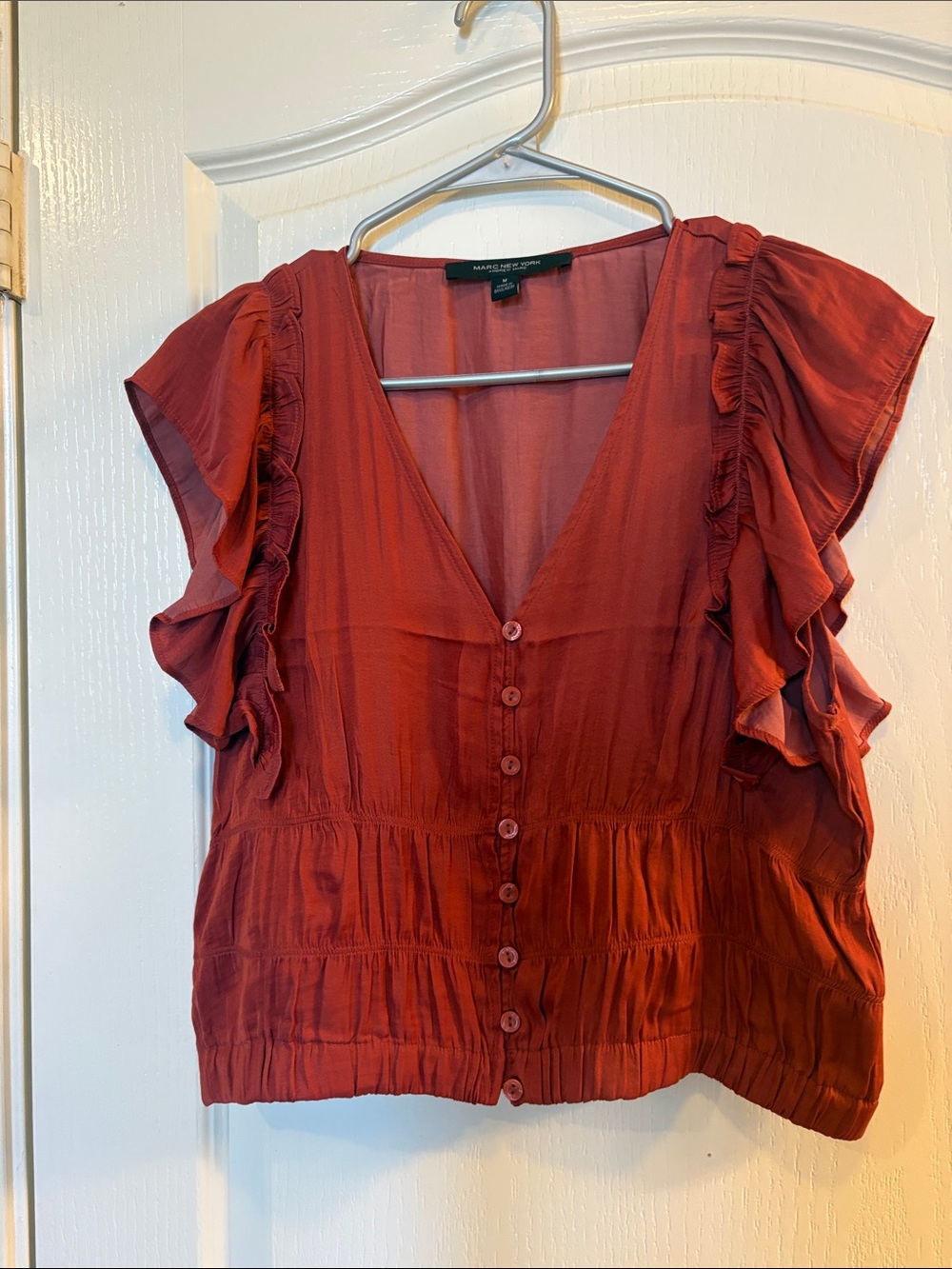Andrew Marc Rust Ruffle-Sleeve Button Front Blouse - Picture 3 of 8